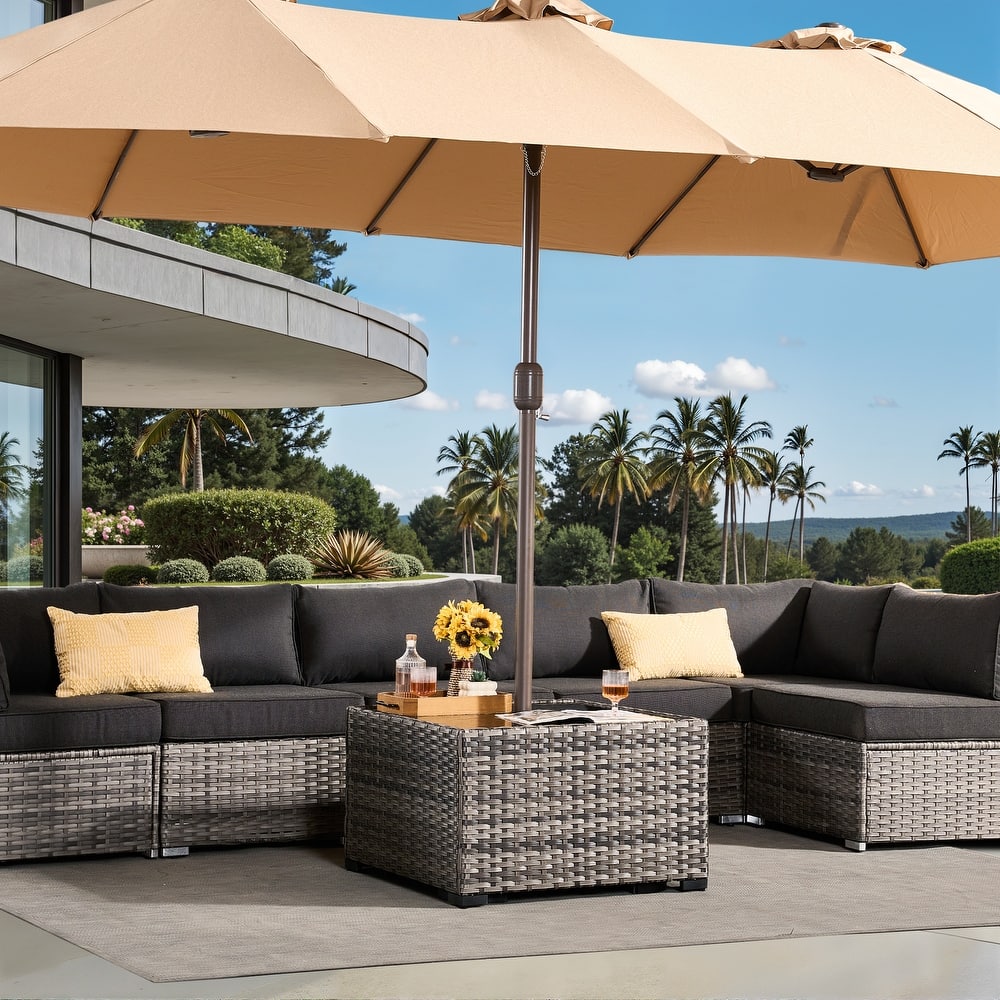 ​​OVIOS Square Wicker Patio Coffee Table with Umbrella Hole