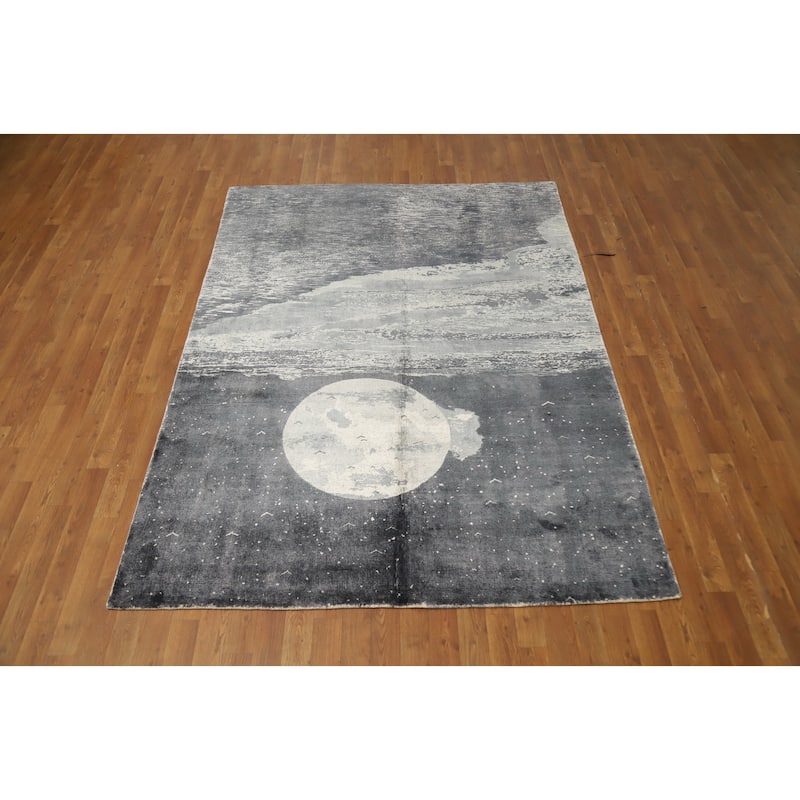 Hand Knotted Oriental Viscose Silk Carpet Modern Pictorial Greys & Charcoal Abstract Area Rug - 7' 8'' X 5' 7''