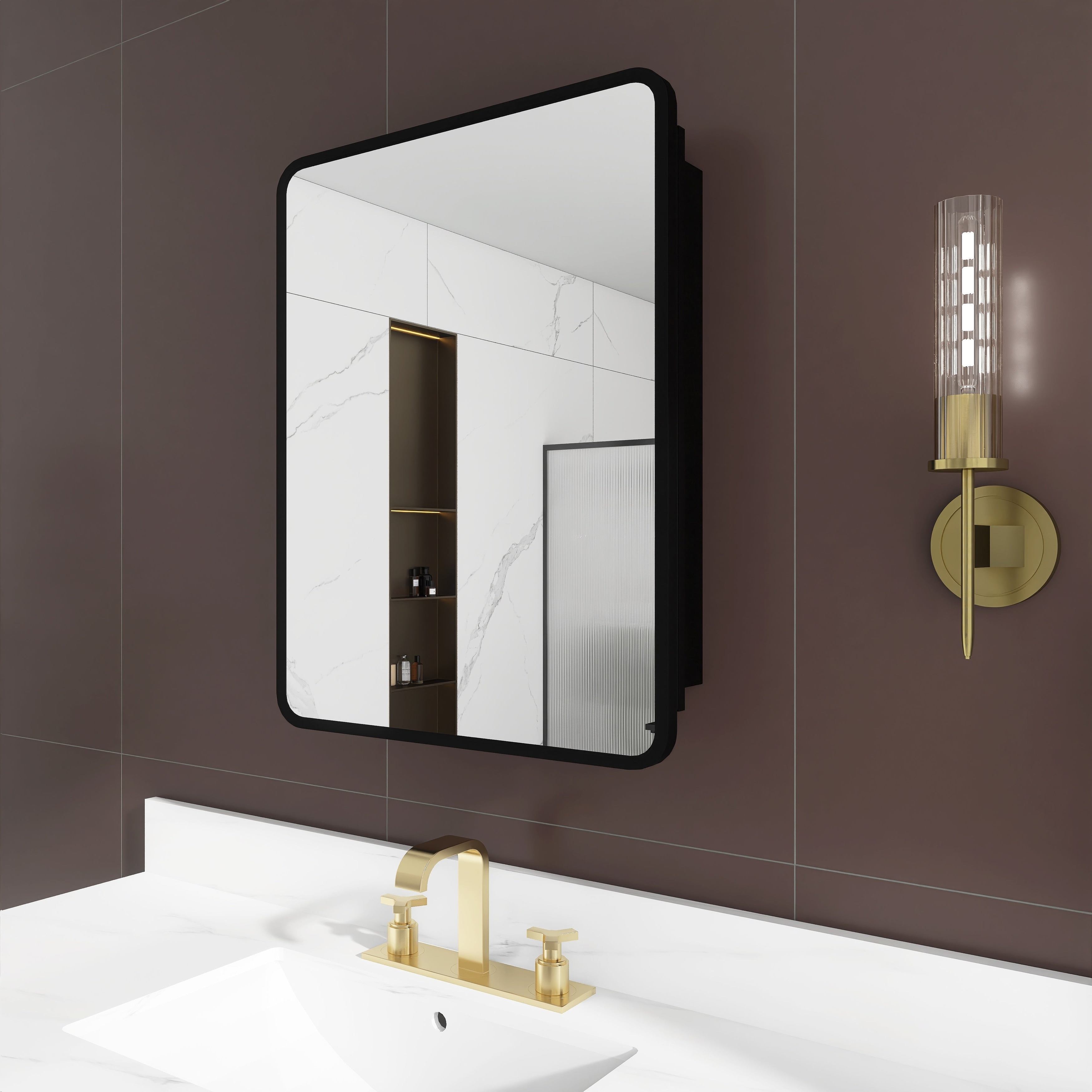 Rectangular Framed Surface/Recessed Mount Mirrored Medicine Cabinet with Shelves
