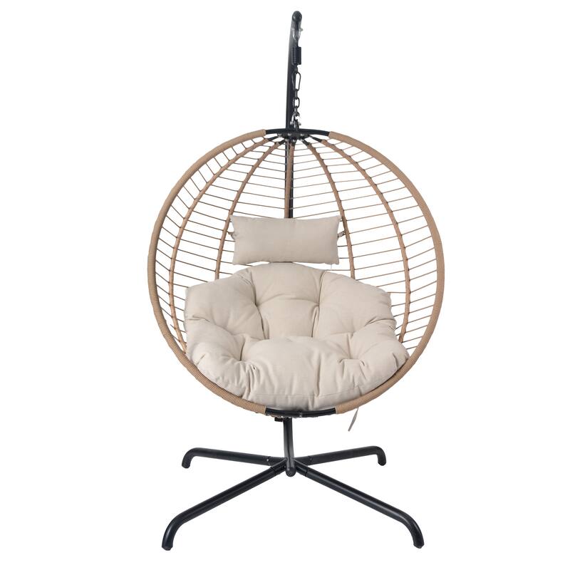 Roomfitters Sora Outdoor Wicker Hanging Chair with Stand and Beige Cushion, Brown Rattan Swing - Single Unit