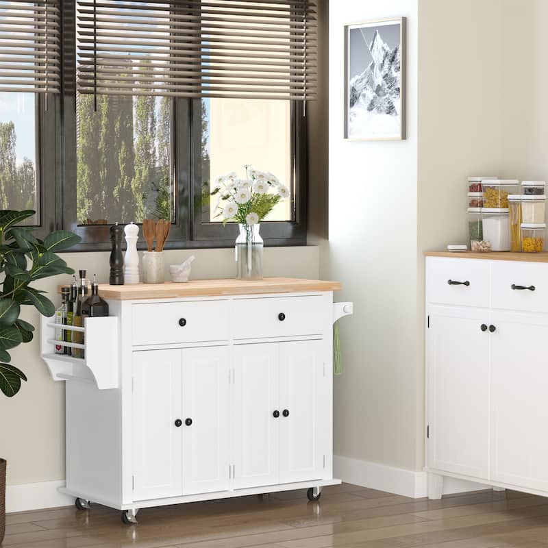 Kitchen Island on Wheels, Rolling Cart with Rubberwood Top, Spice Rack, Towel Rack and Drawers for Dining Room