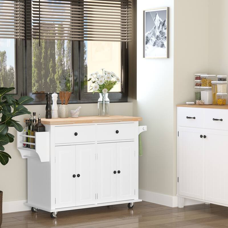 Rubberwood Top Rolling Kitchen Cart with Two Drawers and Spice Organizer Locking Wheels - 43.75" W x 17.5" D x 32.5" H - White