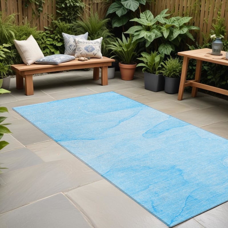 Dava Contemporary Abstract Weather Resistant Classic Meets Modern Outdoor Rug - 8' Runner - Blue