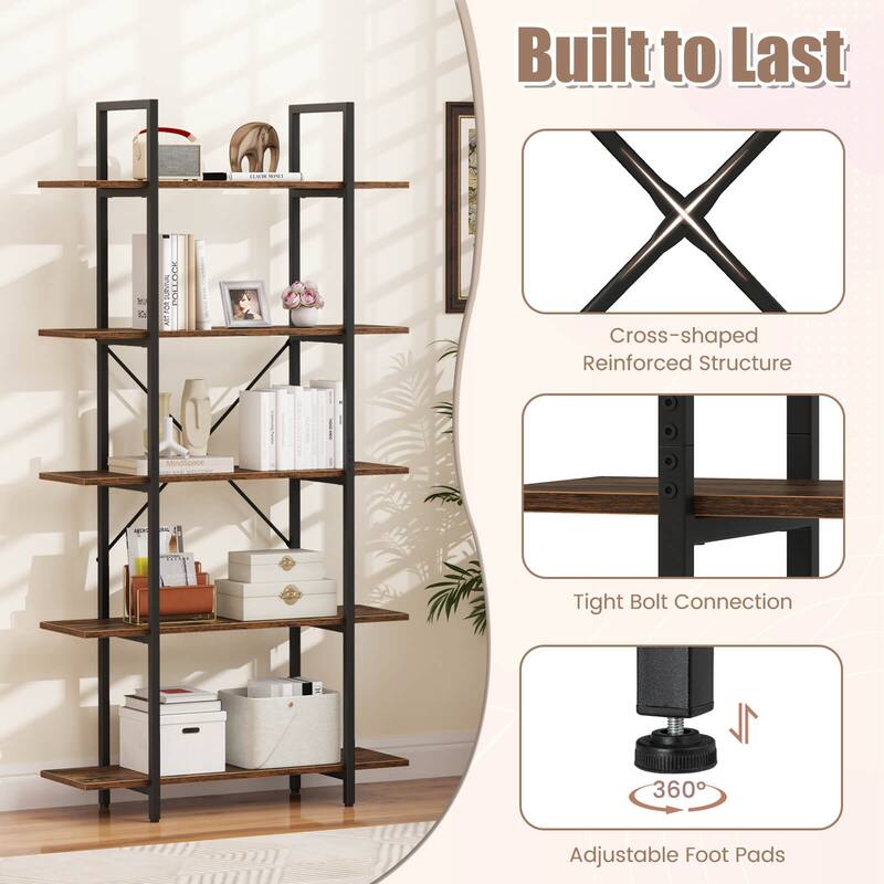 Costway 1/2 PCS 5-Tier Bookshelf 62" Tall Vintage Industrial Bookcase - Rustic Brown + Black