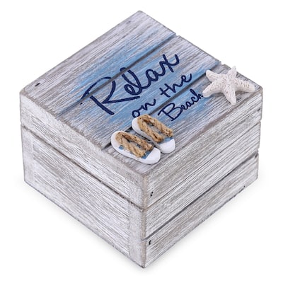 CoTa Global Aqua Sky Relax Wooden Box with Sandals & Starfish Decor - 3.2″Lx3.2″Wx2.5″H