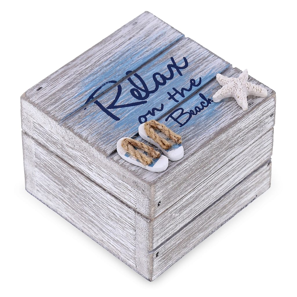 CoTa Global Aqua Sky Relax Wooden Box with Sandals & Starfish Decor - 3.2″Lx3.2″Wx2.5″H