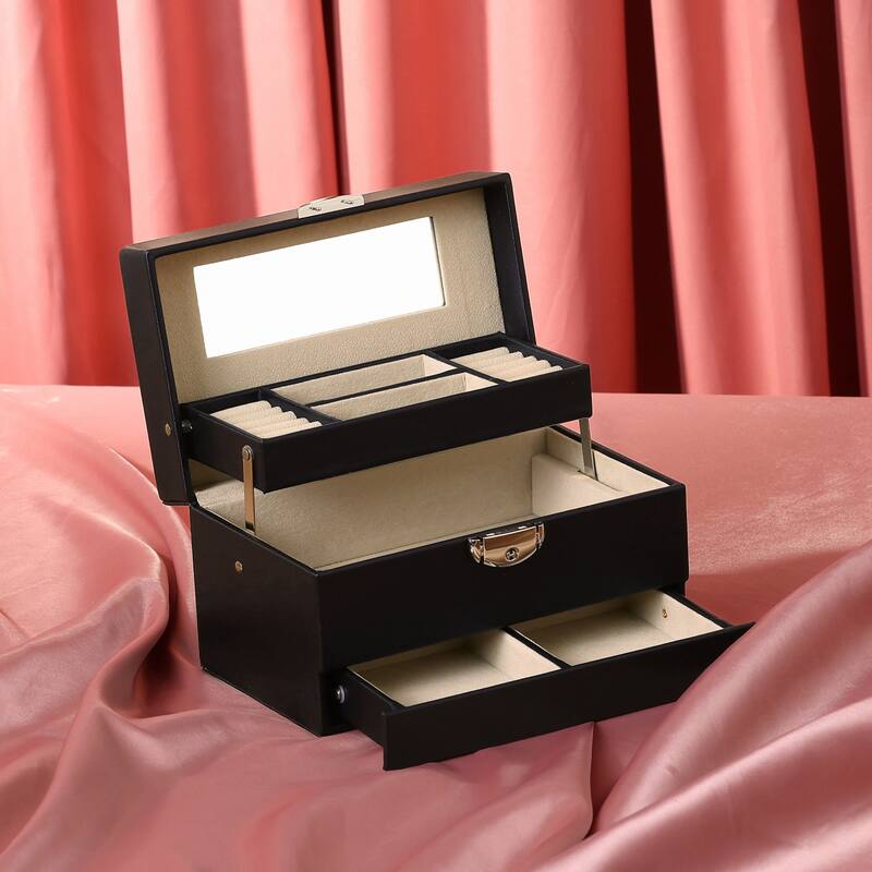 3 Layer Jewelry Box with Mirror for Women, PU Leather Jewelry Organizer Case Storage Display Holder with Drawer - 21x13x12cm