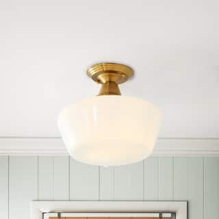 Vintage Gold 1-Light White Glass Semi Flush Mount Lighting Fixture