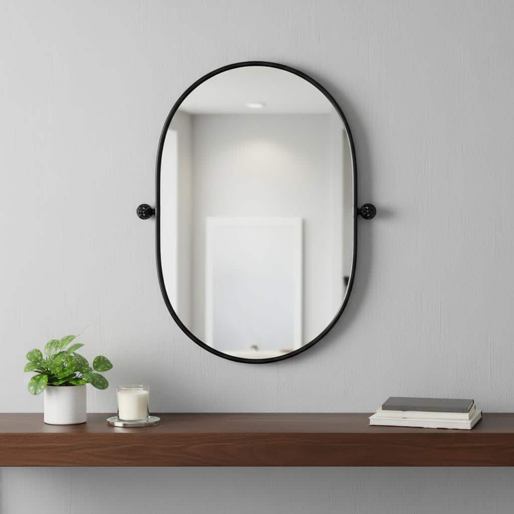 HomeRoots 32" Black Aluminum Oval Adjustable Tilting Framed Accent Mirror - 23.00 in. x 32.00 in. x 1.56 in.
