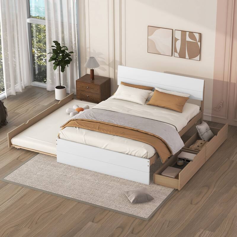 Full Size Platform Bed Concise Bed Frame Wood Slat Support with Twin Size Trundle and 2 Drawers, Headboard and Footboard