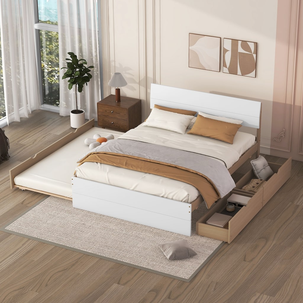 Full Size Wooden Platform Bed Frame with Trundle Bed and 2 Drawers