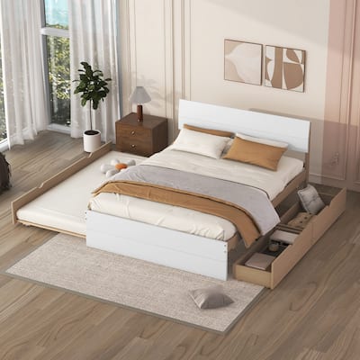 Modern Full Size Bed Frame with Twin Trundle and 2 Drawers for Master Bedrooms, Guest Rooms