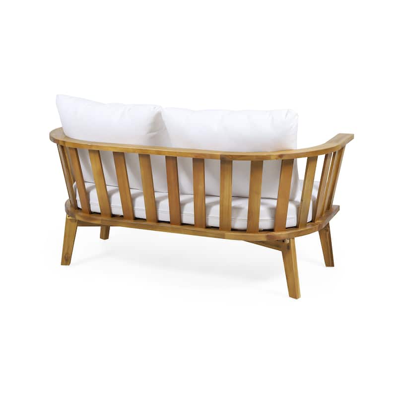 Roomfitters Outdoor Wooden Loveseat with Cushions, White and Teak Finish, Weather-Resistant Teak Wood
