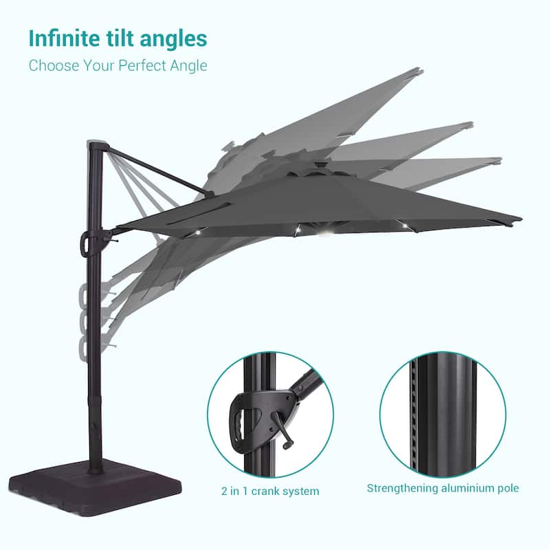 Bonosuki 11Ft Aluminum LED Cantilever Patio Umbrella with Base for Patio Deck Garden