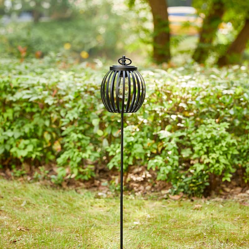 Glitzhome Metal Stripes Waterproof Solar Powered Outdoor Lantern with Garden Stake