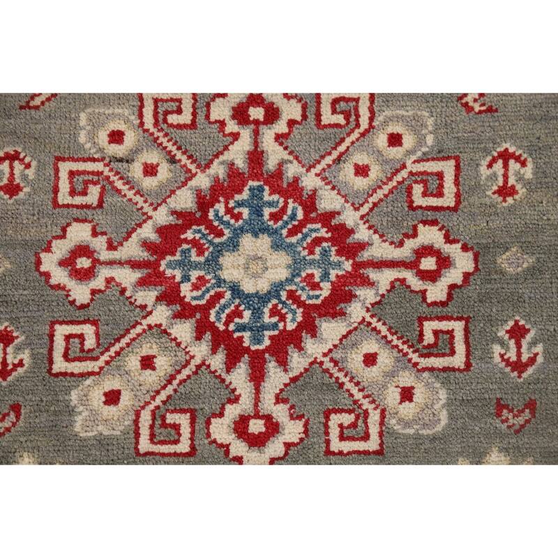 Geometric Kazak Runner Rug Handmade Oriental Grey Wool Carpet - 2'7" x 16'3"
