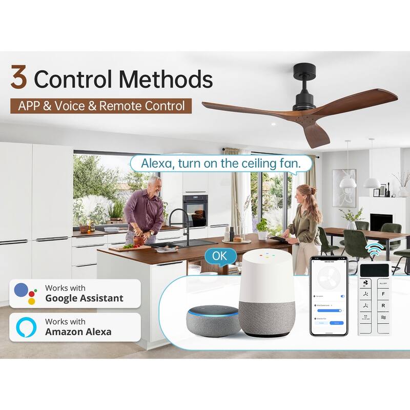 52 inch Smart Solid Wood Ceiling Fan with Intetraged Light and Remote,Google Assistant/Alexa APP Control