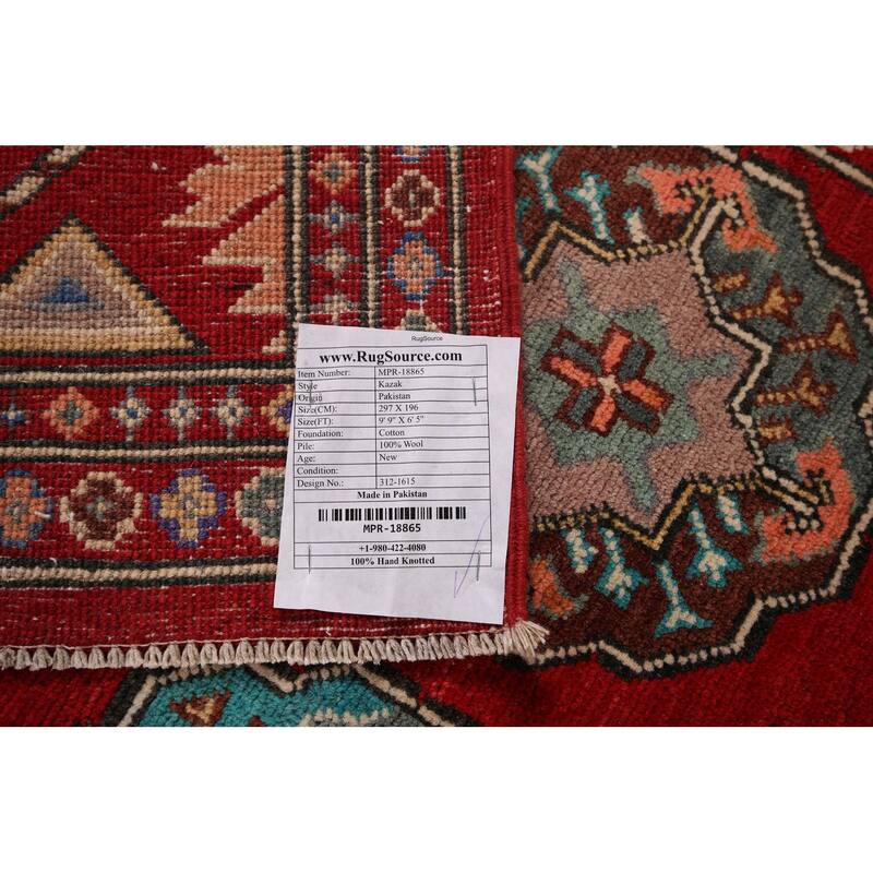 All-Over Red Geometric Kazak Area Rug Handmade Wool Carpet - 6'5" x 9'9"