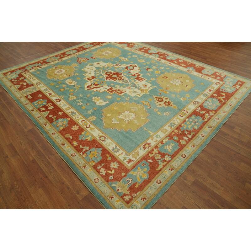 Handmade Blue Oushak Vegetable Dye Area Rug, Medallion Geometric Carpet - 9' 11'' X 8' 5''
