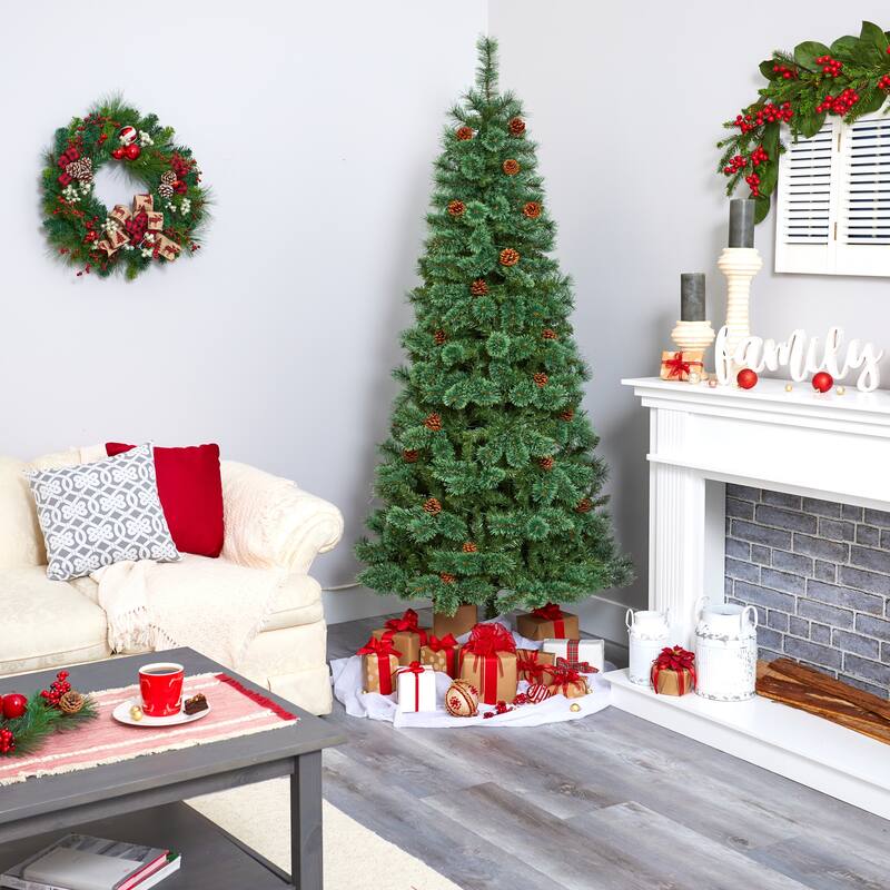 7' White Mountain Pine Artificial Christmas Tree with 400 Clear LED Lights and Pine Cones