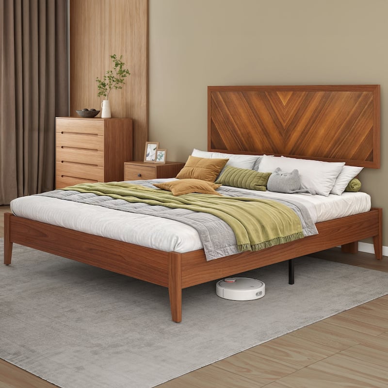 Queen/King Size Bed Frame with Adjustable Headboard Heights and Solid Wood Headboard, Walnut Color