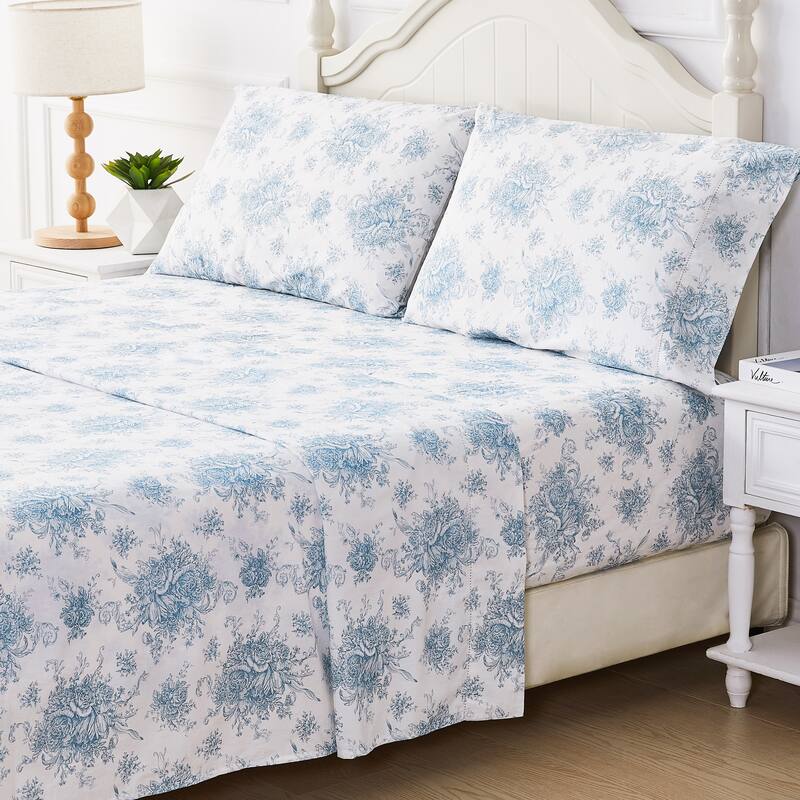 Floral Etching Cotton Sheet Set Light Blue