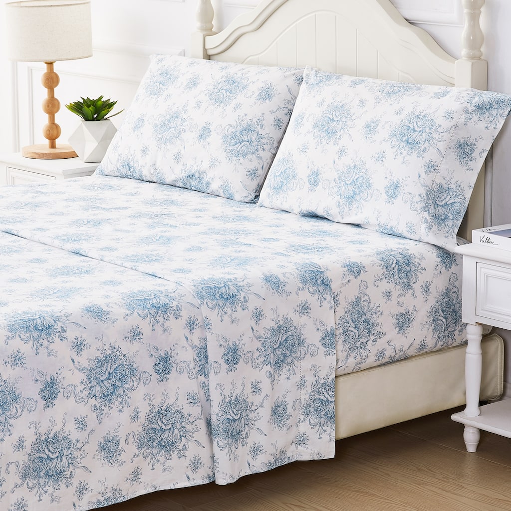 Floral Etching Cotton Sheet Set Light Blue