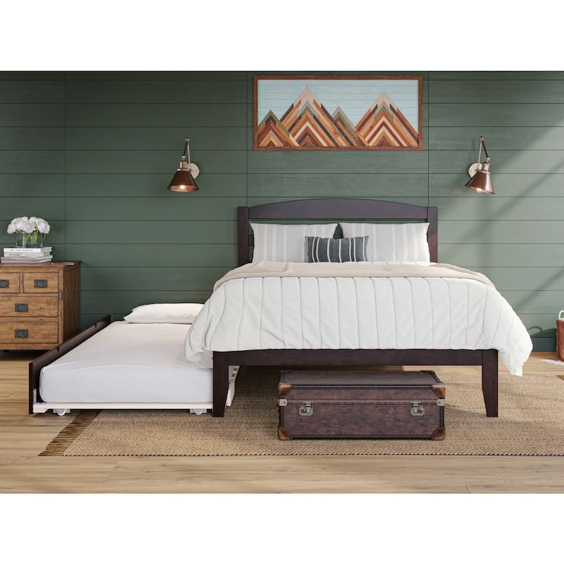 Wood Platform Bed with Trundle & Charging Station - Full Size, Espresso Finish
