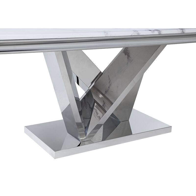 7pc Glam Chrome Finish Dining Set Upholstered Chairs and Table - 7-Piece Set