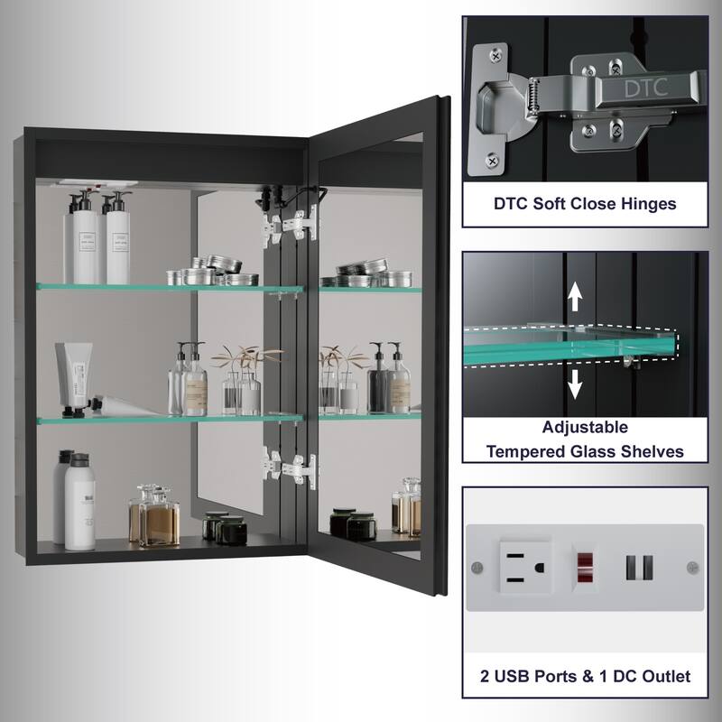 Kylo Aluminum LED Medicine Cabinet with Mirror, Dimmable, Anti-Fog, Recessed/Wall Mount