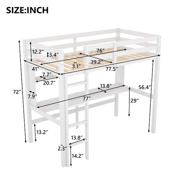 dimension image slide 0 of 2, Sturdy Twin Size Loft Bed with Desk, Shelves, and Ladder for Kids