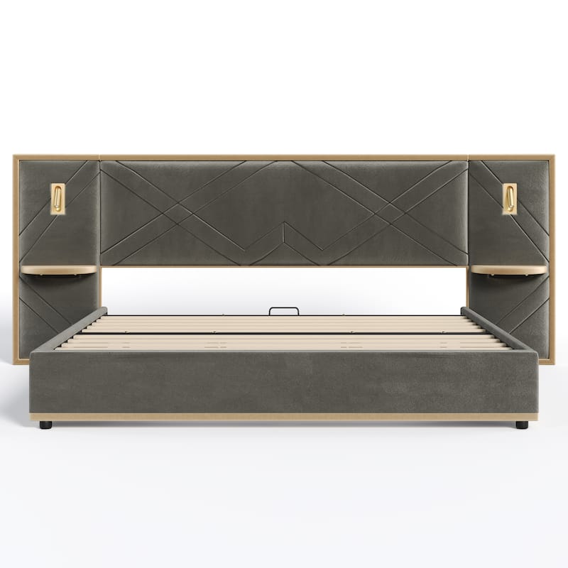 Christopher Knight Home - Voss Velvet Upholstered Bed with 2 Built-in LED Lights and 2 Storage Side Panels