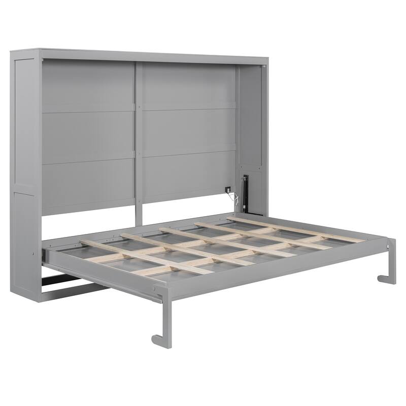 Gray Queen Murphy Bed with LED Lighting, Modern Wall Bed, No Box Spring Needed