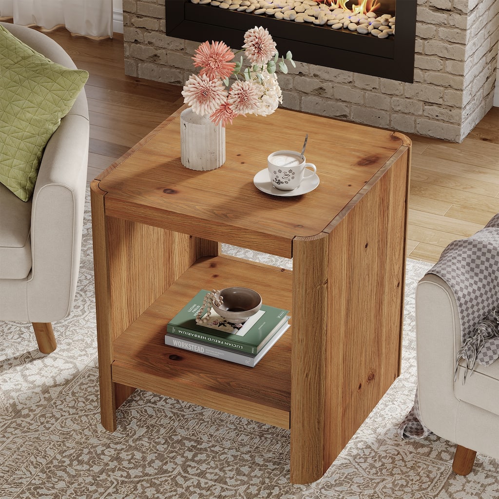 Solid Wood End Table, Side Table with Open Storage Shelf, Living Room Bedroom Accent Nightstand
