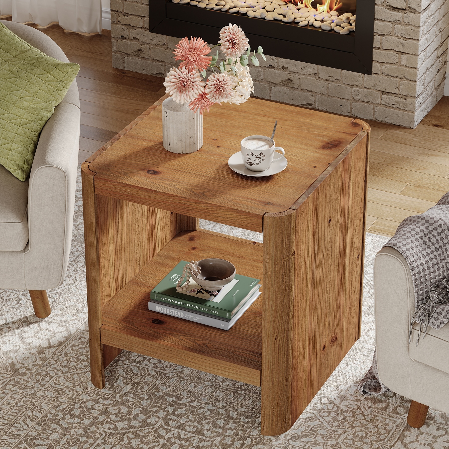 Solid Wood End Table, Side Table with Open Storage Shelf, Living Room Bedroom Accent Nightstand