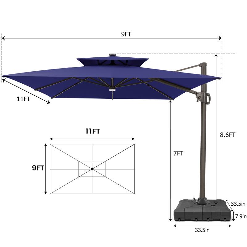 9 X 11 FT Outdoor Patio Cantilever Umbrella with Solar Lights Wheeled Base Double Canopy 360 Rotation Tilt