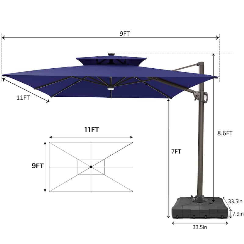 Pellebant 9x11FT Outdoor Dual Top Cantilever Patio Umbrella LED Light with Wheel Base
