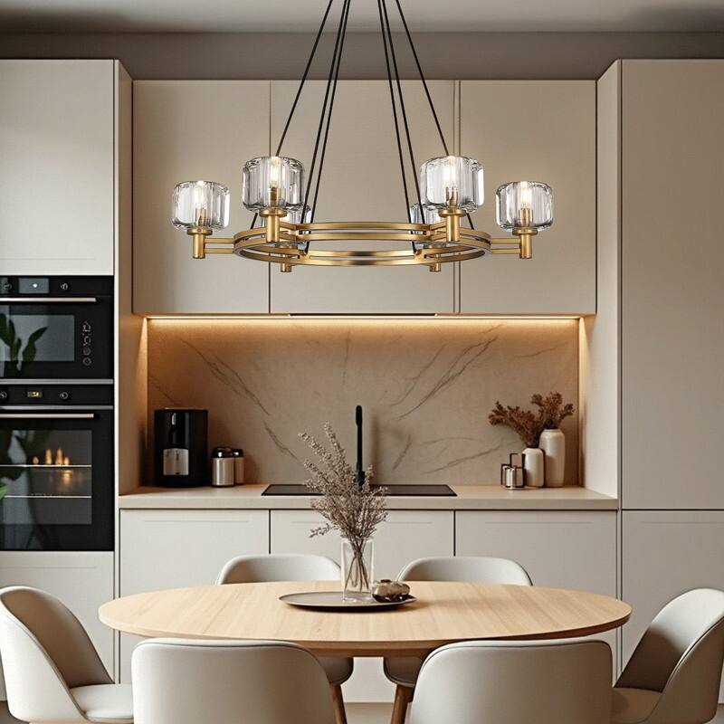 KAYLA 36 in. 6-Light Gold Farmhouse Wagon Wheel Chandelier with Crystal Lampshade