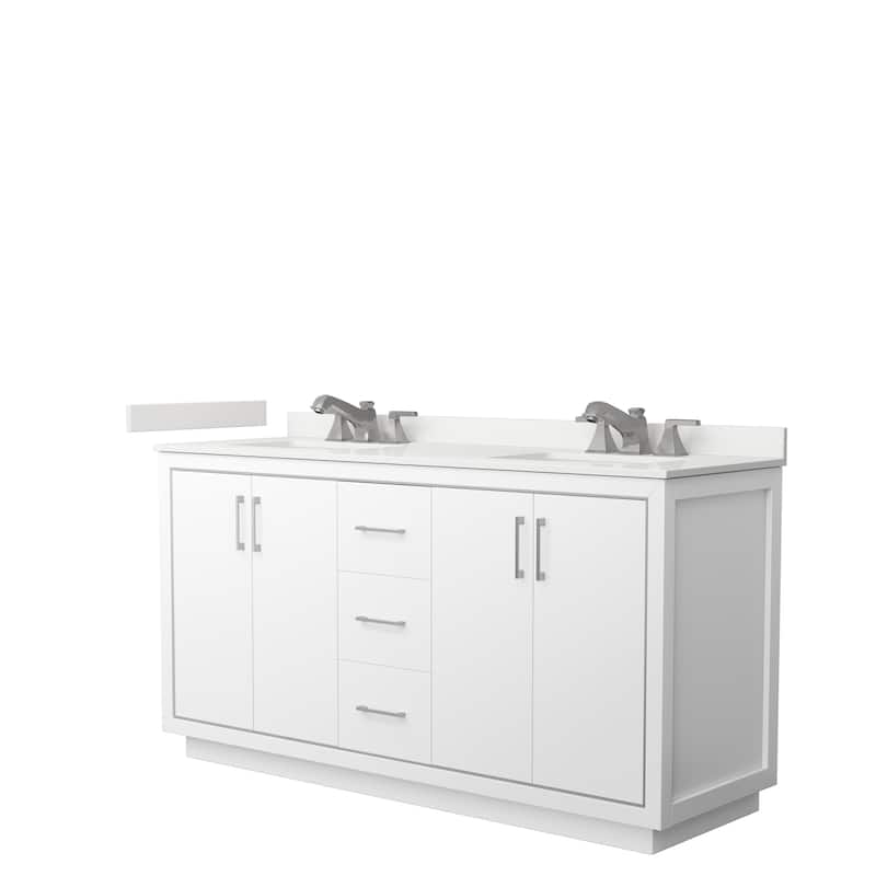 Icon 66-inch Double Vanity, Quartz Top - White, Nickel Trim, White Quartz Top