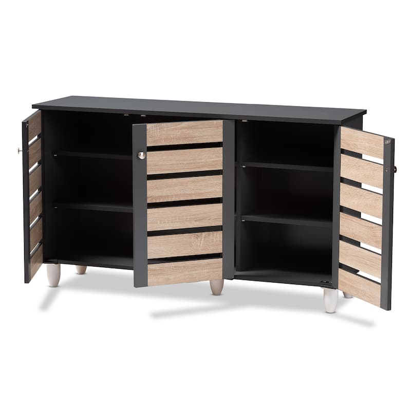 Contemporary 3-door Slatted Wood 14-pair Shoe Storage Cabinet