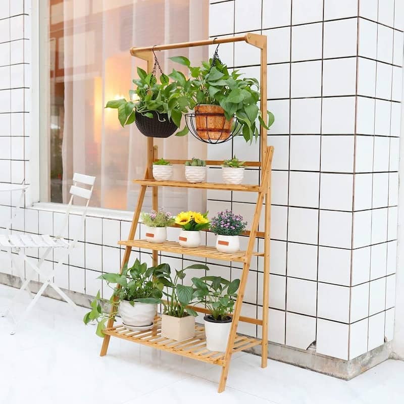 27" 3 Tier Plant Stand Hanging Rack Bamboo Plant Ladder Foldable Flower Pots
