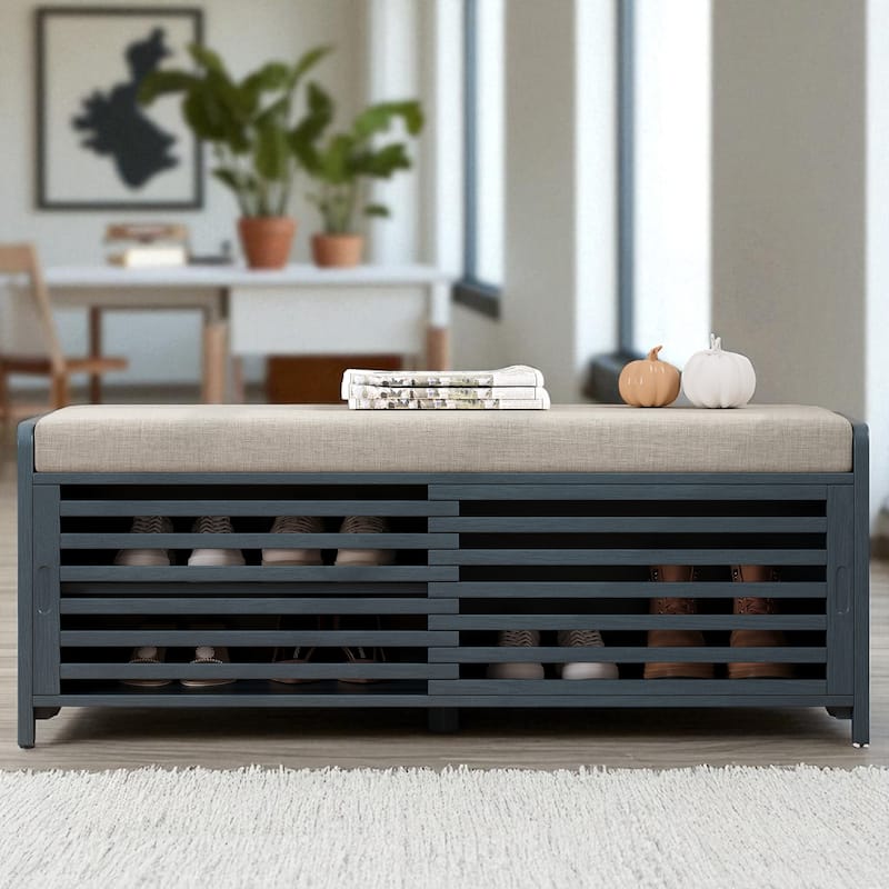 Distressed Shutter Shoe Bench with Cushion, Entryway Storage Bench with Sliding Door & Shelves, 43.3" Wide - Navy