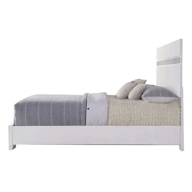 Wooden queen size bed with block legs and Crystal Accented Headboard, White