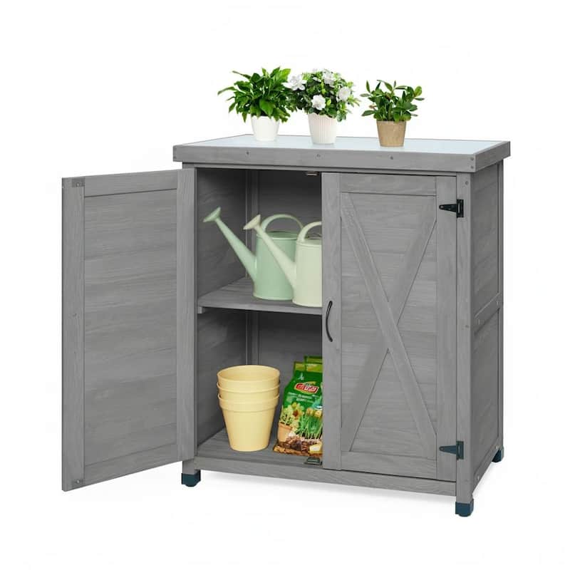 Potting Bench with Storage Cabinet and Metal Table Top for Outdoor Patio,Outdoor Work Station Table