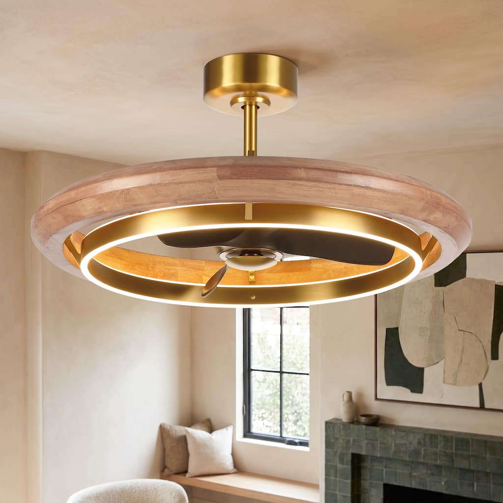 33" Vintage Brass Solid Wood Transitional Fandelier Ceiling Fan with Dimmable LED Light and Remote