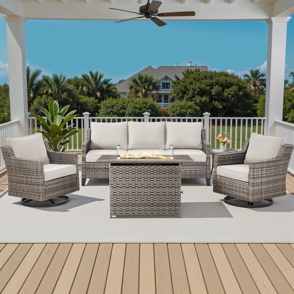 Pocassy 5 Pieces Outdoor Sofa Siwvel Chair w/ Fire Pit Table