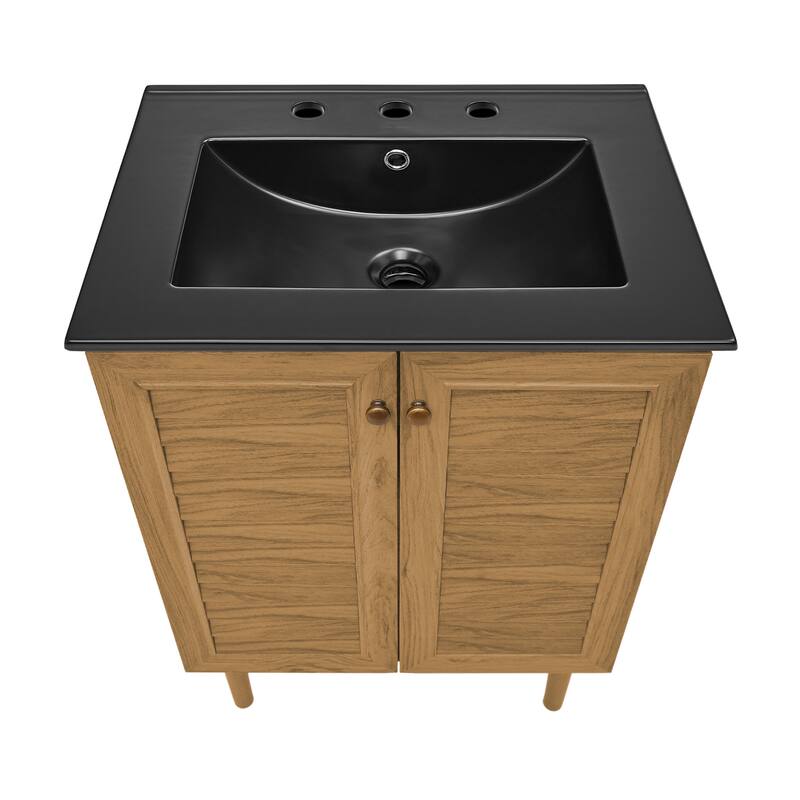 Bron 24 In. Brown Oak Bathroom Vanity With Black, 3-Hole Ceramic Sink Top