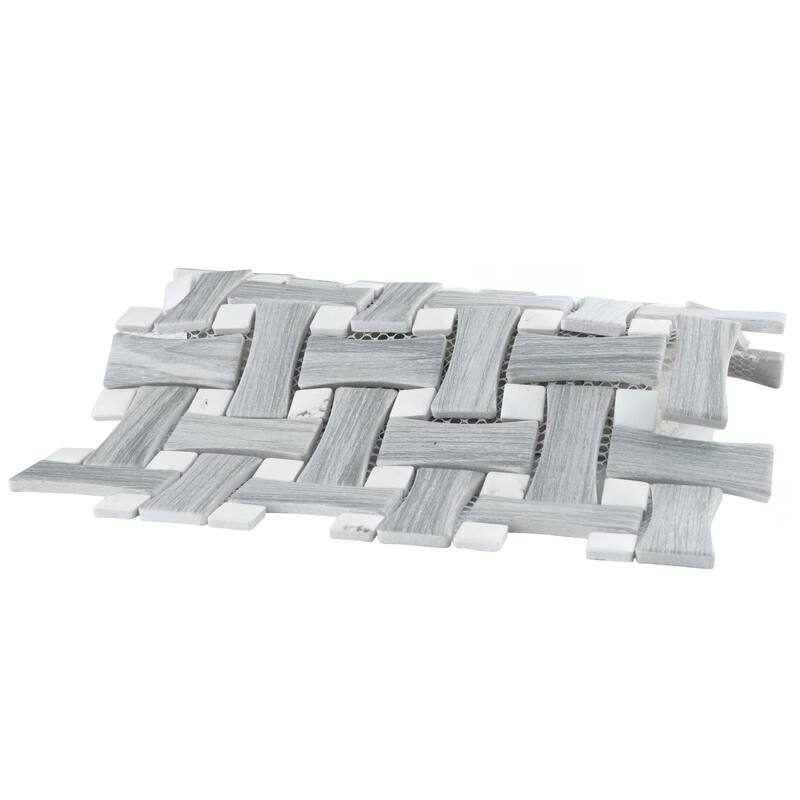 Merola Tile Llama Dog Bone Basketweave Silver Smoke/Calacatta Dot 10" x 10" Porcelain Floor and Wall Tile