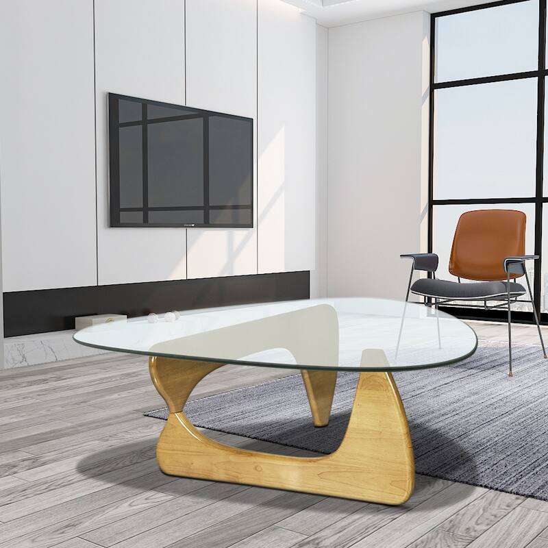 Triangle Glass Coffee Table with Solid Wood Base for Living Room