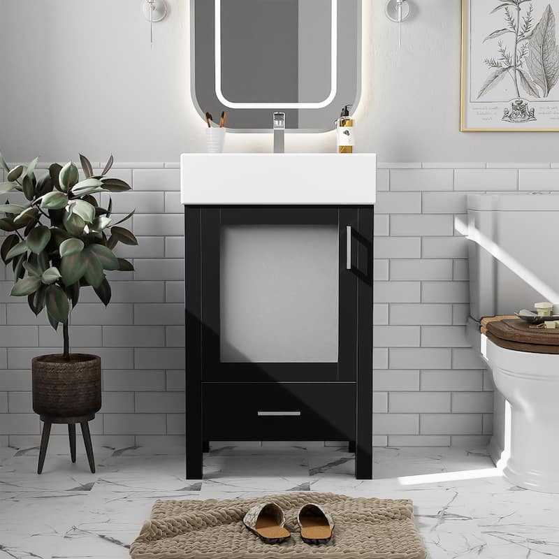 20-Inch Space-Saving Bathroom Vanity – Features Integrated Ceramic Sink, Generous Storage & Compact Design . - Black